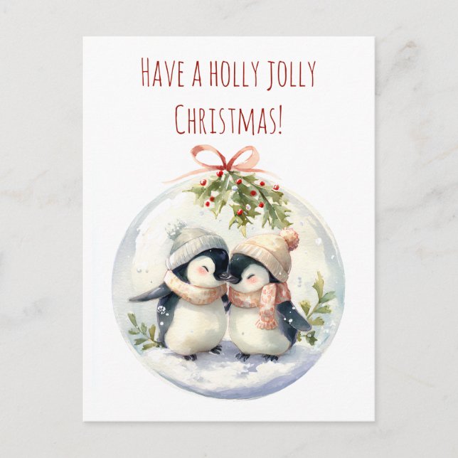 Cute penguins in winter hats share a cosy moment postcard (Front)