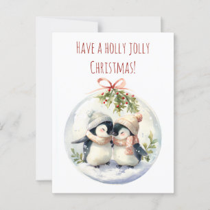 Cute penguins in winter hats share a cozy moment postcard