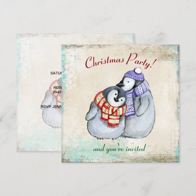 Cute Penguins in Winter Scarves and Hats Christmas Invitation (Front/Back)