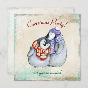 Cute Penguins in Winter Scarves and Hats Christmas Invitation