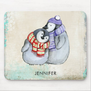 Cute Penguins in Winter Scarves and Hats Custom Mouse Pad