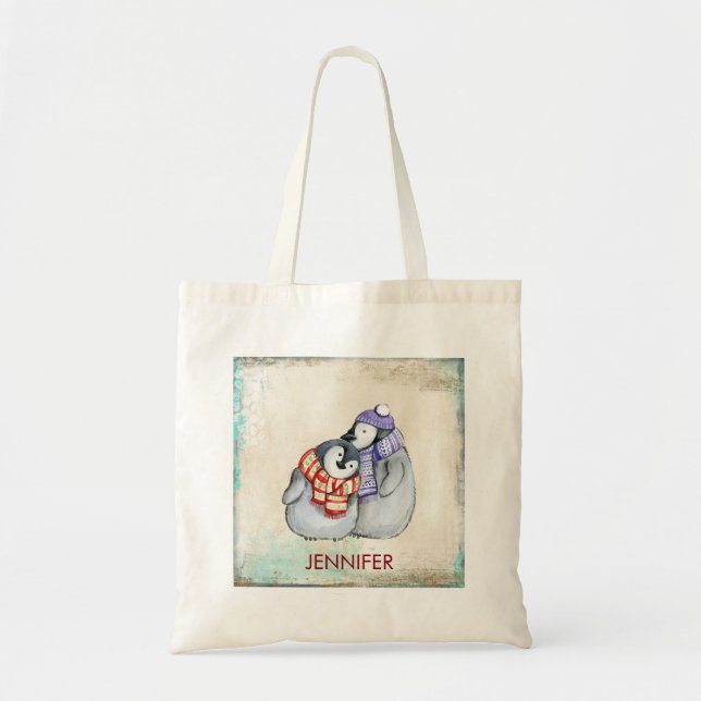Cute Penguins in Winter Scarves and Hats Custom Tote Bag (Front)
