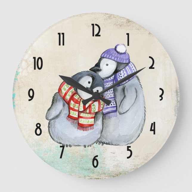 Cute Penguins in Winter Scarves and Hats Large Clock (Front)