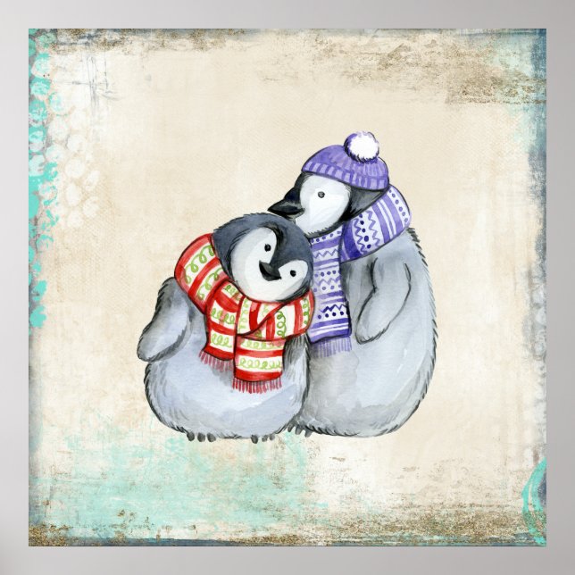 Cute Penguins in Winter Scarves and Hats Poster (Front)
