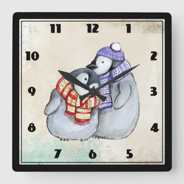 Cute Penguins in Winter Scarves and Hats Square Wall Clock (Front)
