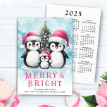 Cute Penguins Merry and Bright Pink Christmas Holiday Card<br><div class="desc">Create unique personalised non-photo Christmas cards with a festive design that features cute penguins in pink Santa hats standing near a Christmas tree. A Merry & Bright saying and template text for greetings, family name and a year are on the front side of the card. On the backside, there is...</div>