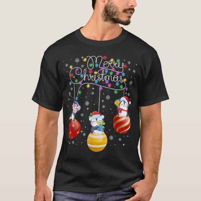 Cute Penguins Merry Christmas Lights Ornaments Bal T-Shirt (Front)