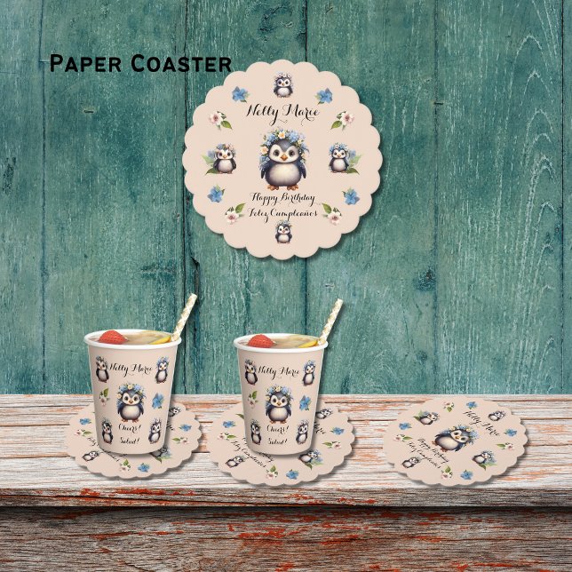 Cute Penguins Name Bilingual Feliz Cumpleaños Paper Coaster (Cute Penguins paper coaster. Bilingual text, name and monogram, customizable. Multilingual Project.)