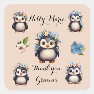 Cute Penguins Name Bilingual Gracias Thank You  Square Sticker