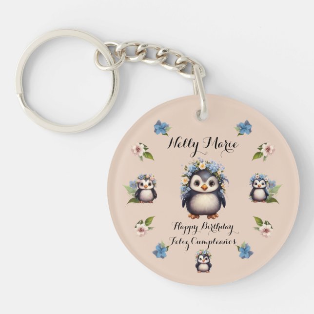 Cute Penguins Name Bilingual Text Feliz Cumpleaños Key Ring (Front)