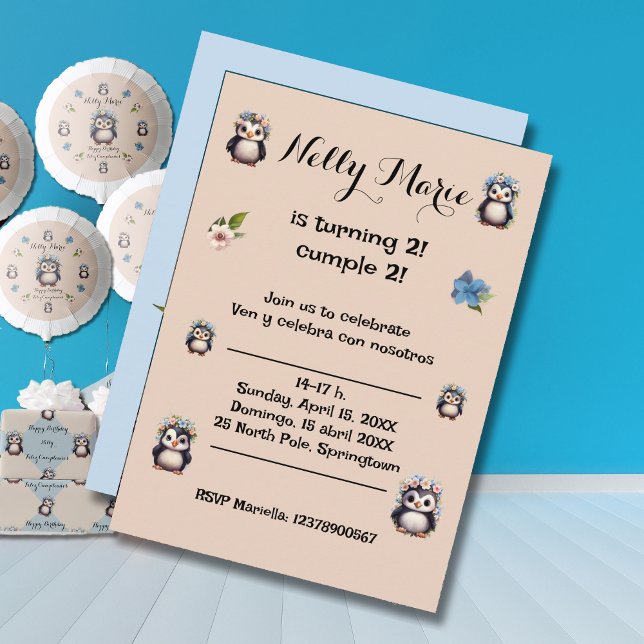 Cute Penguins Name Bilingual Text Spanish-Eng Invitation (Bilingual birthday invitation cute penguins. Multilingual Project. customizable and personalized)