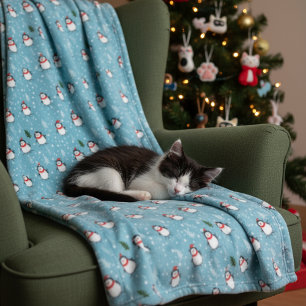 Cute Penguins on Light Blue with Snowflakes Fleece Blanket