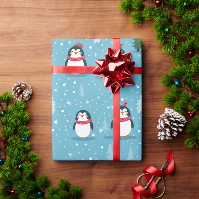 Cute Penguins on Light Blue with Snowflakes  Wrapping Paper (Holiday Gift)