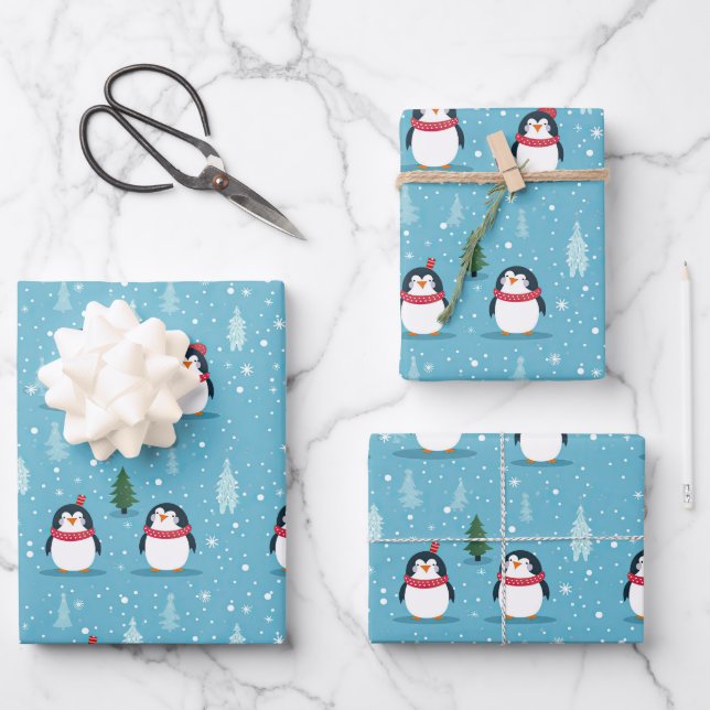 Cute Penguins on Light Blue with Snowflakes  Wrapping Paper Sheet (Front)