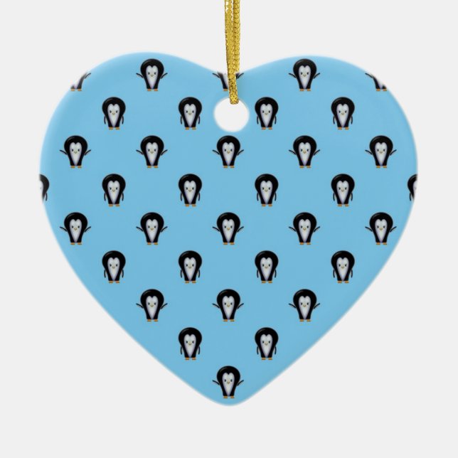 Cute Penguins over Winter Blue Ceramic Ornament (Front)