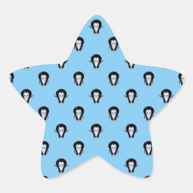 Cute Penguins over Winter Blue Star Sticker (Front)