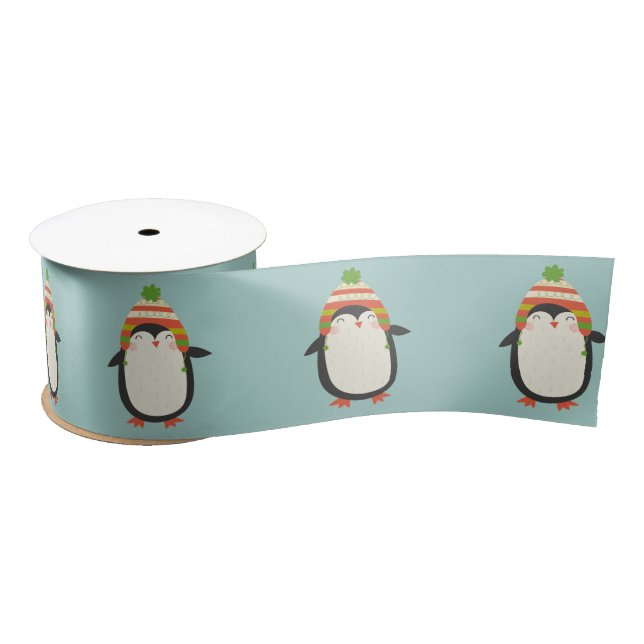 Cute Penguins Pattern -  Aqua Green Christmas Satin Ribbon (Spool)