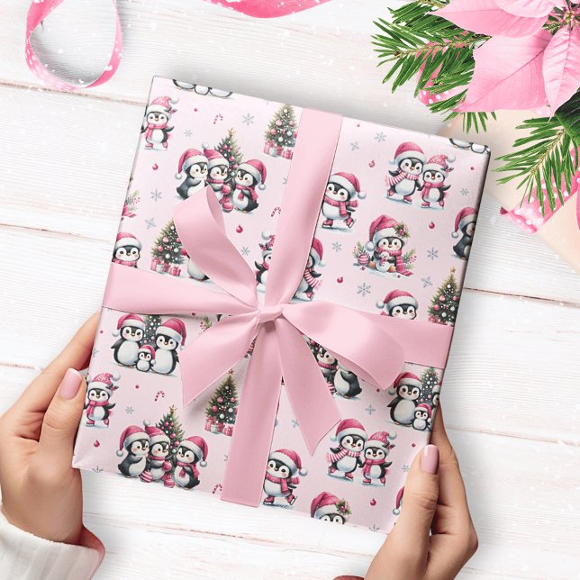 Cute Penguins Pattern Pink Christmas Wrapping Paper (Creator Uploaded)