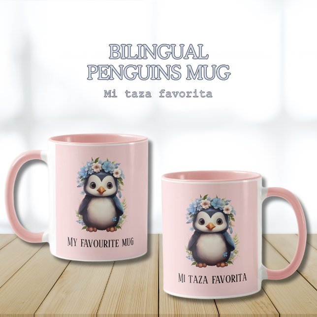 Cute Penguins Pink Custom Bilingual Text Mug (Pink Bilingual penguins mug. Mi taza favorita, Spanish. my favourite mug. Multilingual Project.)