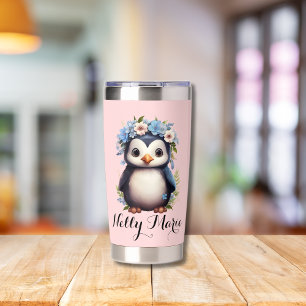 Cute Penguins Pink Custom Name & Initials Insulated Tumbler