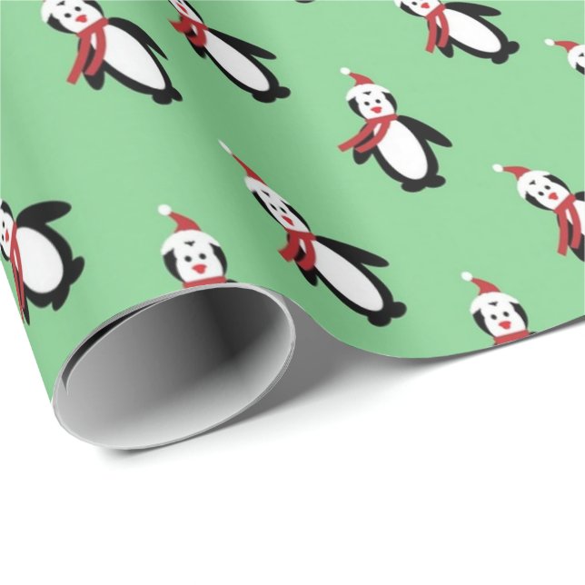 Cute Penguins Santa Hat Light Green Christmas Wrapping Paper (Roll Corner)