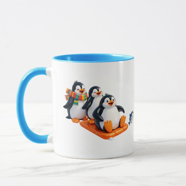 Cute Penguins Sledding Illustration Mug (Left)