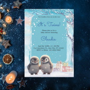 Cute Penguins Twins Winter Blue Baby Shower Invitation
