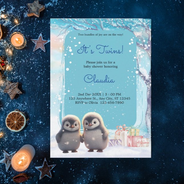 Cute Penguins Twins Winter Blue Baby Shower Invitation (Creator Uploaded)