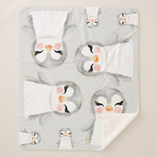 Cute Penguins Watercolor  Sherpa Blanket (Front)