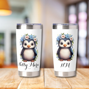 Cute Penguins White Custom Name & Initials Insulated Tumbler