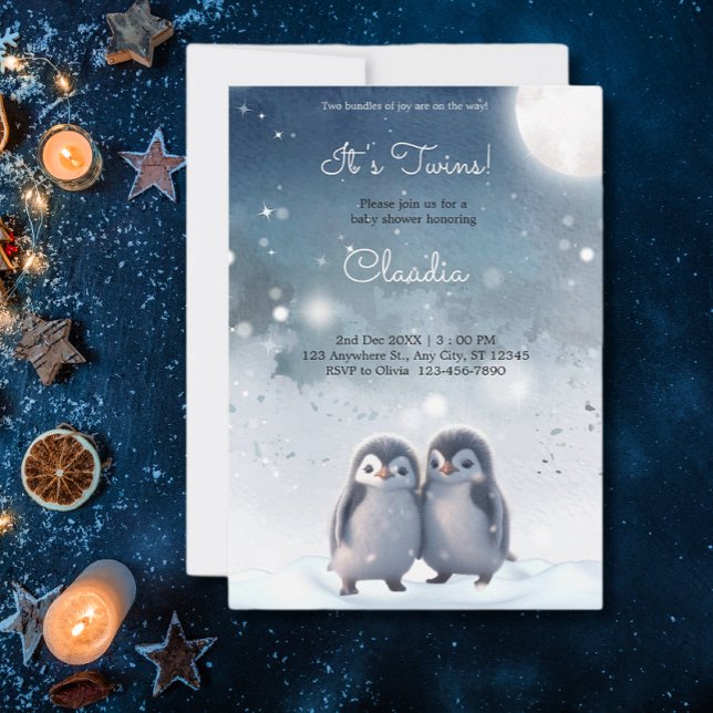 Cute Penguins Winter Blue Snow Twins Baby Shower Invitation (Creator Uploaded)