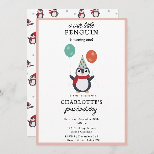 Cute Penguins Winter Kids Girl Animals Birthday Invitation (Front/Back)