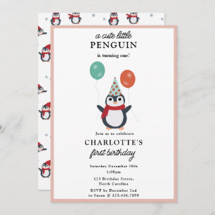 Cute Penguins Winter Kids Girl Animals Birthday Invitation