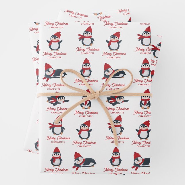 Cute Penguins Winter Merry Christmas Custom Name Wrapping Paper Sheet (In situ)