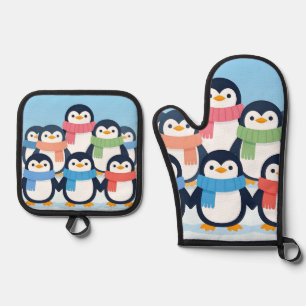 Cute Penguins Winter Scarves Group Hug Oven Mitt & Pot Holder Set