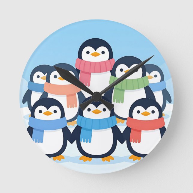 Cute Penguins Winter Scarves Group Hug Round Clock (Front)