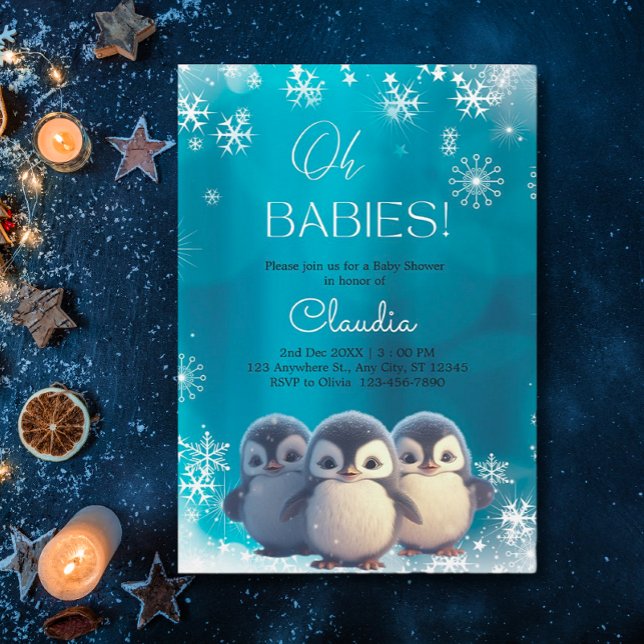 Cute Penguins Winter Snow Triplets Baby Shower Invitation (Creator Uploaded)