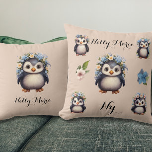 Cute Penguins with Flowers Name & Monogram Beige Cushion