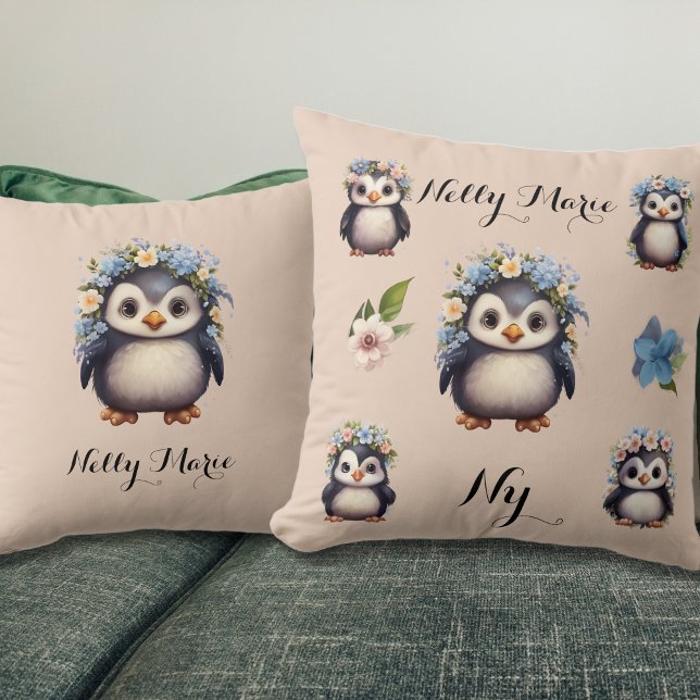 Cute Penguins with Flowers Name & Monogram Beige Cushion (Cute Penguins Pillow with name and initials in a light pink background. Multilingual Project)