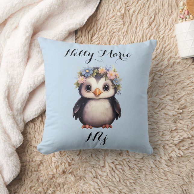 Cute Penguins with Flowers Name & Monogram Blue Cushion (Blanket)