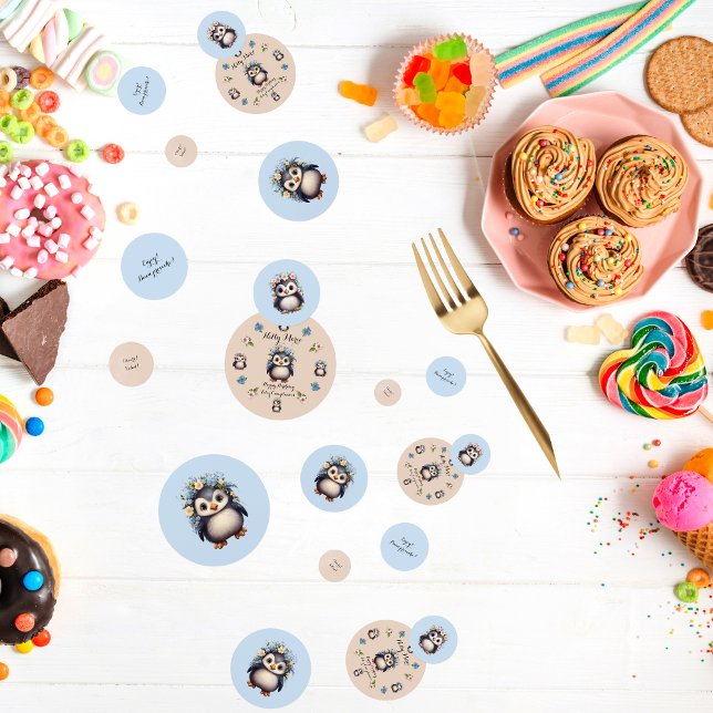 Cute Penguins with Name and Bilingual Text Confetti (Bilingual personalized, cute penguins table confetti. Multilingual project.)