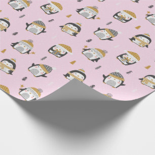 Cute Penguins with trees, snow and gifts on pink Wrapping Paper