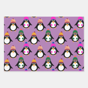 Cute penguins with winter hats wrapping paper sheet