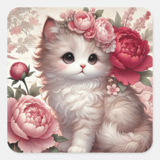 Cute Peony Princess Cat Square Sticker