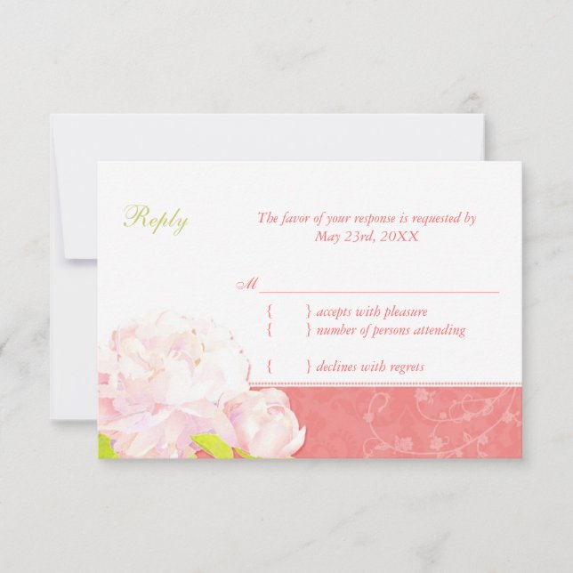 Cute Peony Spring Coral Wedding RSVP Card (Front)