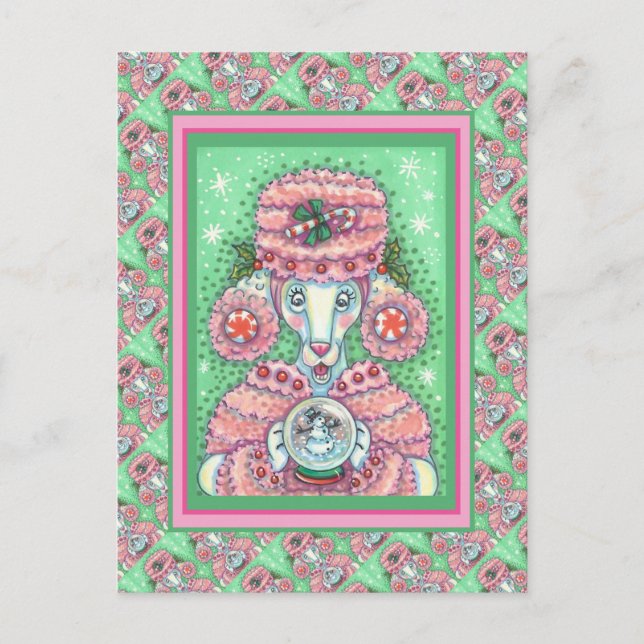 CUTE PEPPERMINT PINK POODLE AND SNOWGLOBE SNOWMAN POSTCARD (Front)
