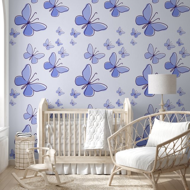 Cute Periwinkle Blue Butterfly Doodle Accent Wallpaper (Kids)