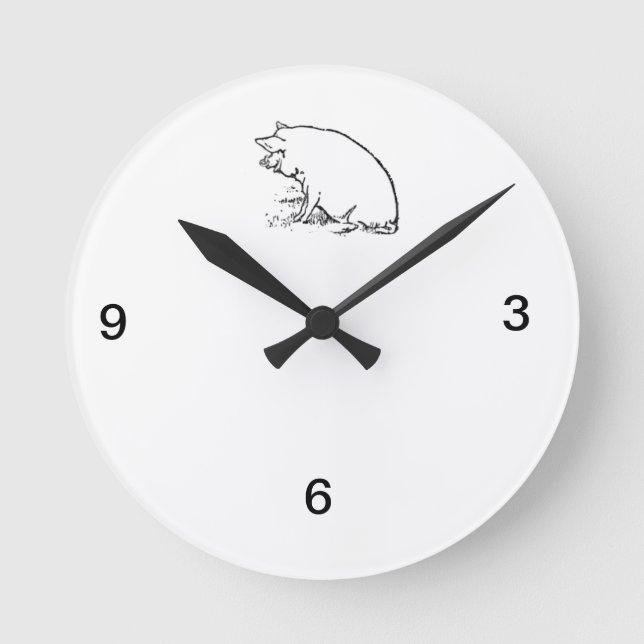 Cute Perky Pig Cartoon, Farm Animal Ink Sketch Round Clock (Front)