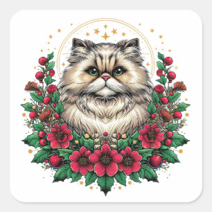 Cute Persian Cat, Floral Persian Kitty Square Sticker