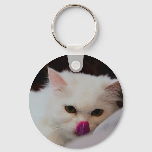 Cute Persian White Cat with Tongue Key Ring (Front)